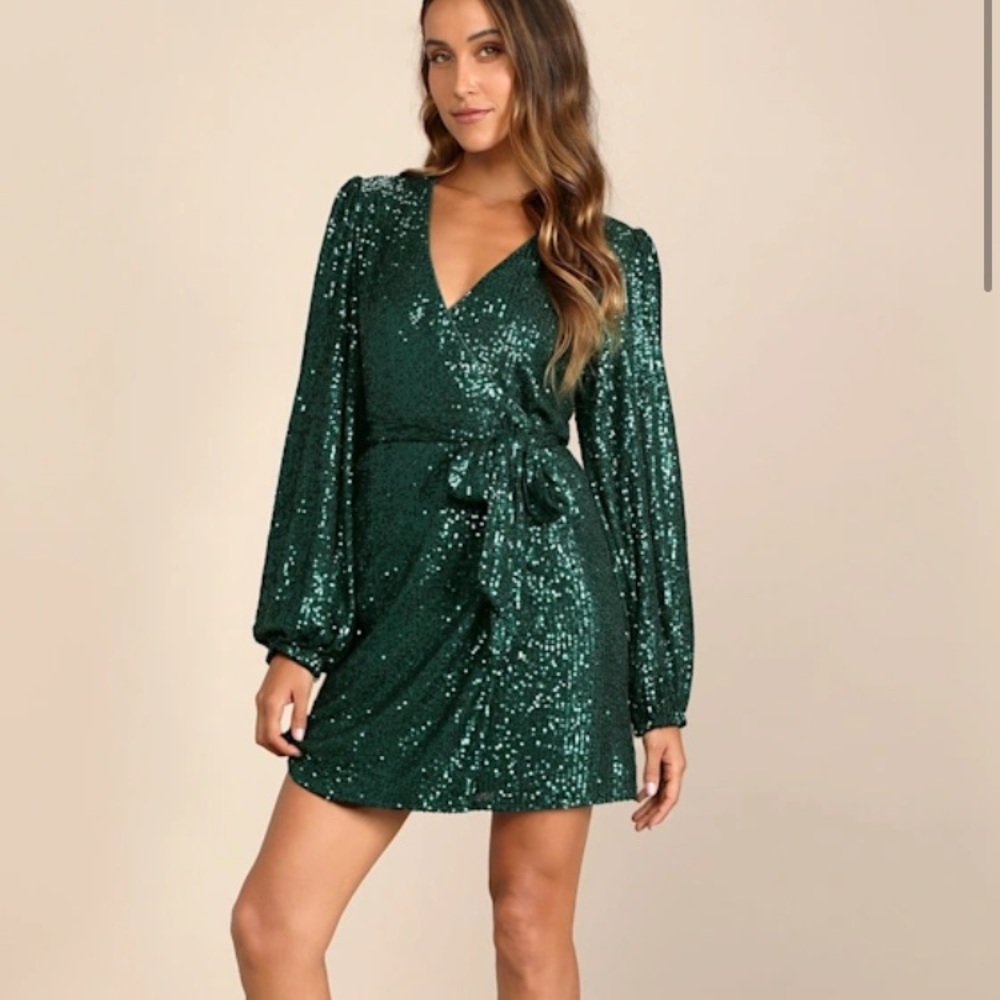 Lulus Sparkly Darling Emerald Green Sequin Long Sleeve Wrap Dress